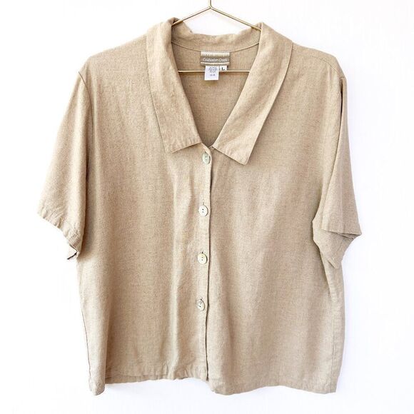 Coldwater Creek Short Sleeve Pearl Button Up Linen Blend Tan Top Large - Picture 1 of 7
